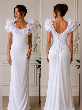 Elegant White Ruffle-Trim Maxi Dress